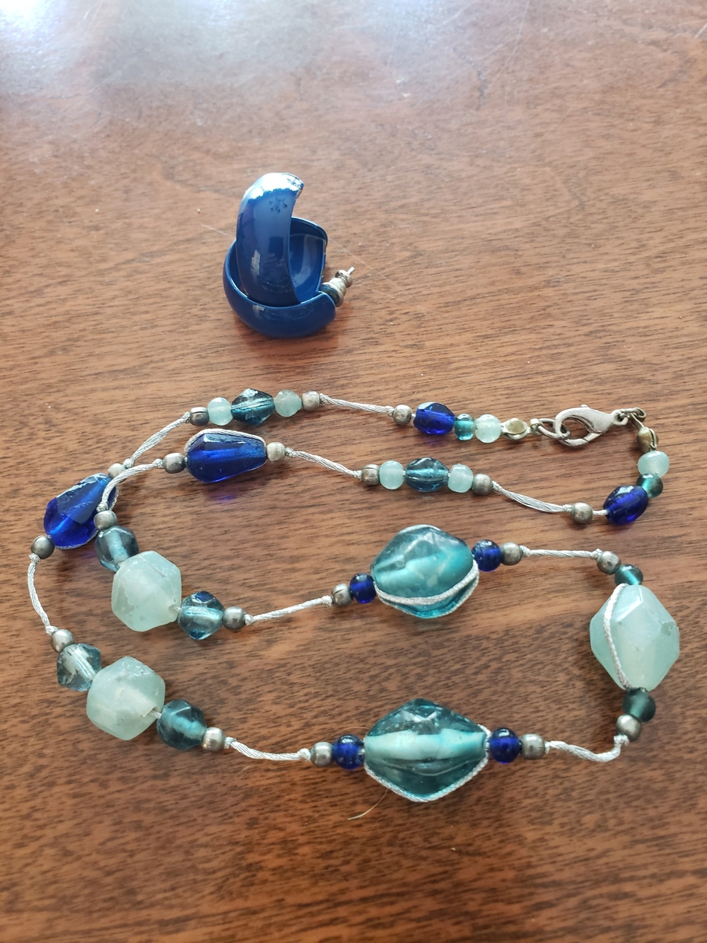 Blue Glass Beaded Necklace & Coordinating Royal Blue Hoop Earrings (Set Of 2)